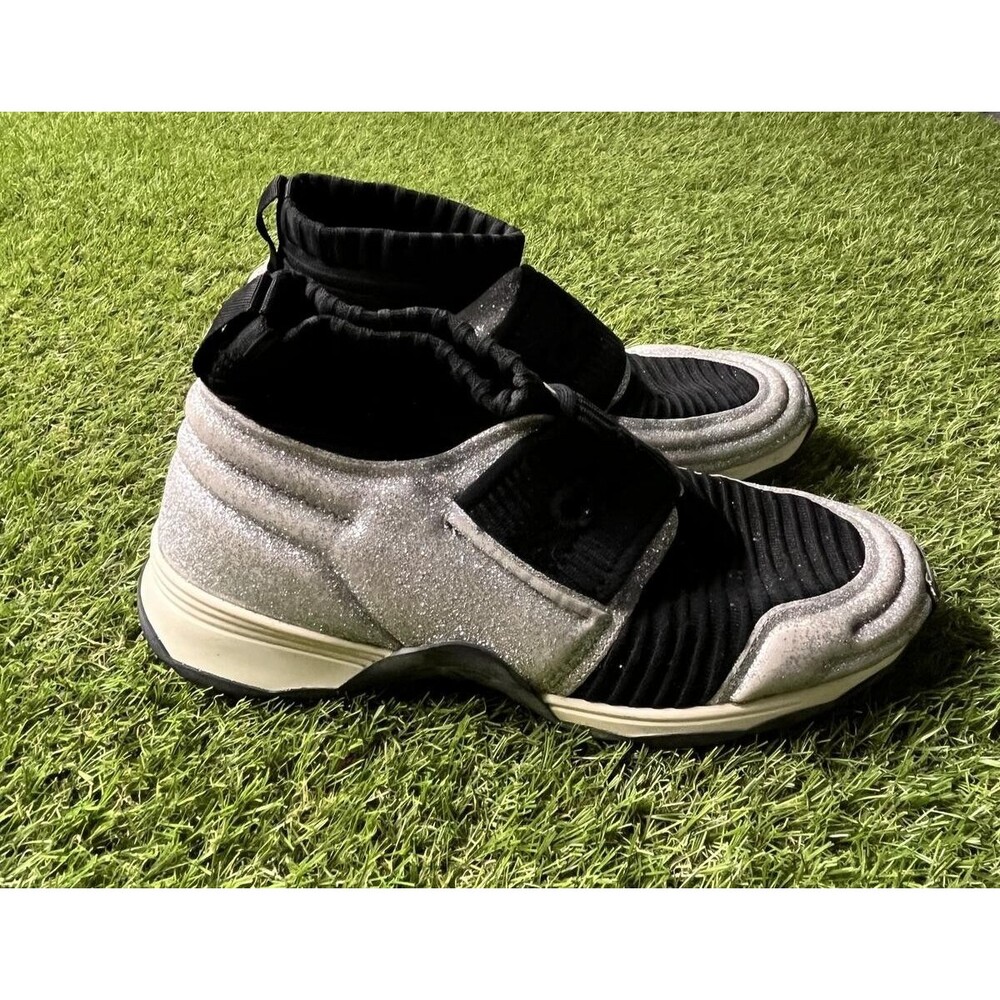 CHANEL Black and Silver Knit Slip-On Sneakers Made in Italy CC Sock 38 7.5-8